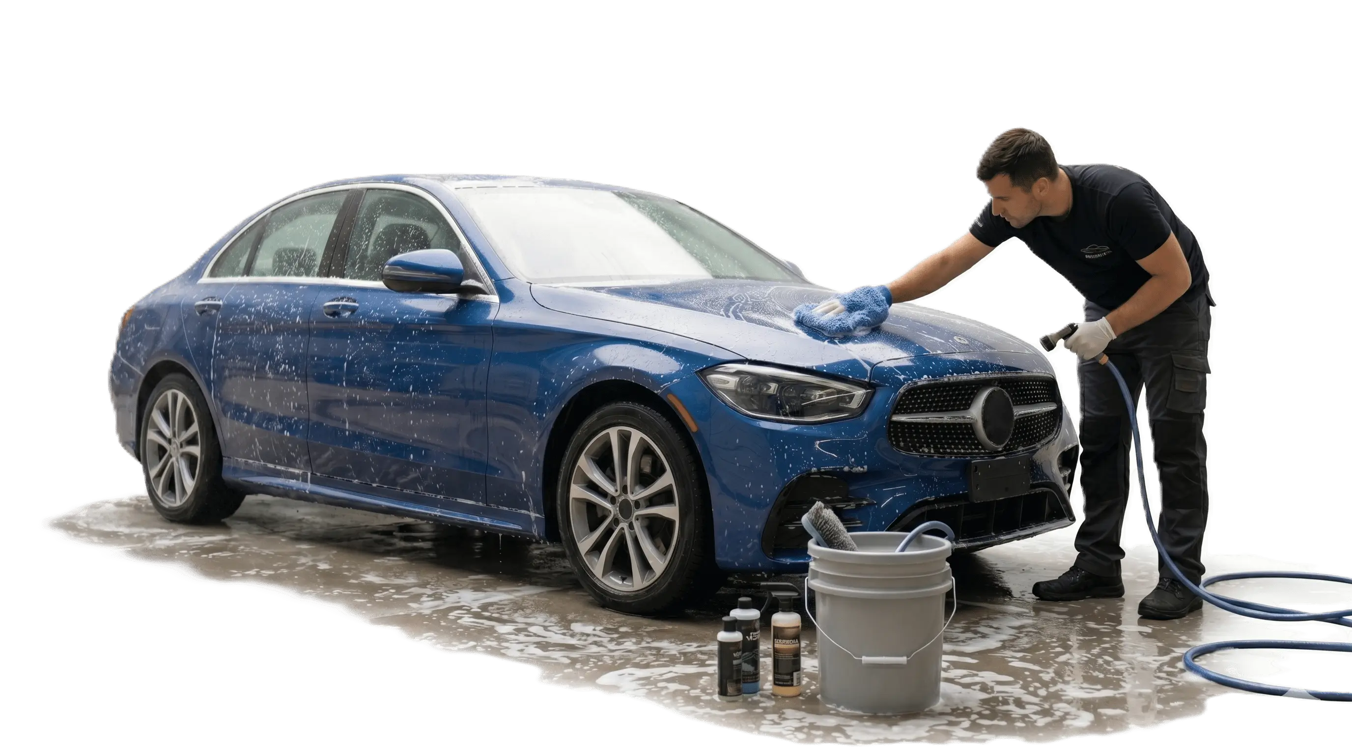 Professional car washer cleaning a blue Mercedes sedan
